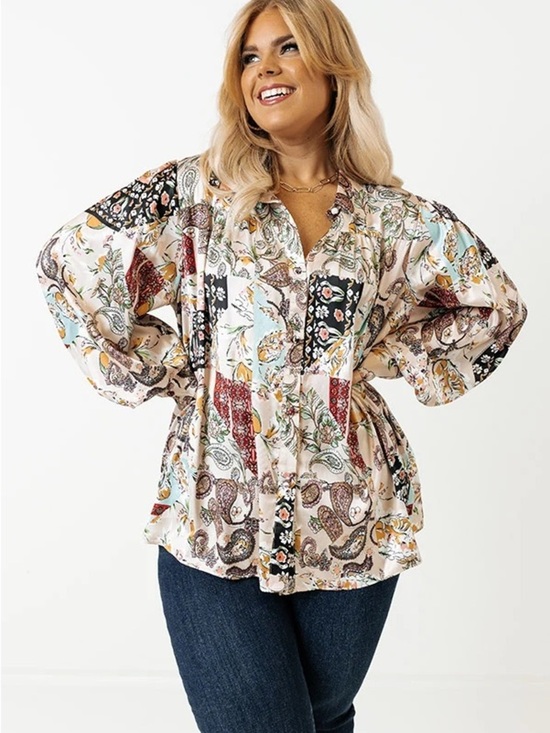 Fate Tops - Fate Boho Paisley Floral Button Front Blouse Long Sleeve Top Medium